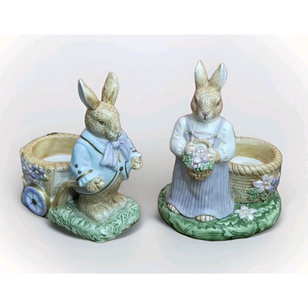Vintage EASTER Springtime Collection Mr Mrs Rabbit Egg Holder SET Tea Light AVON